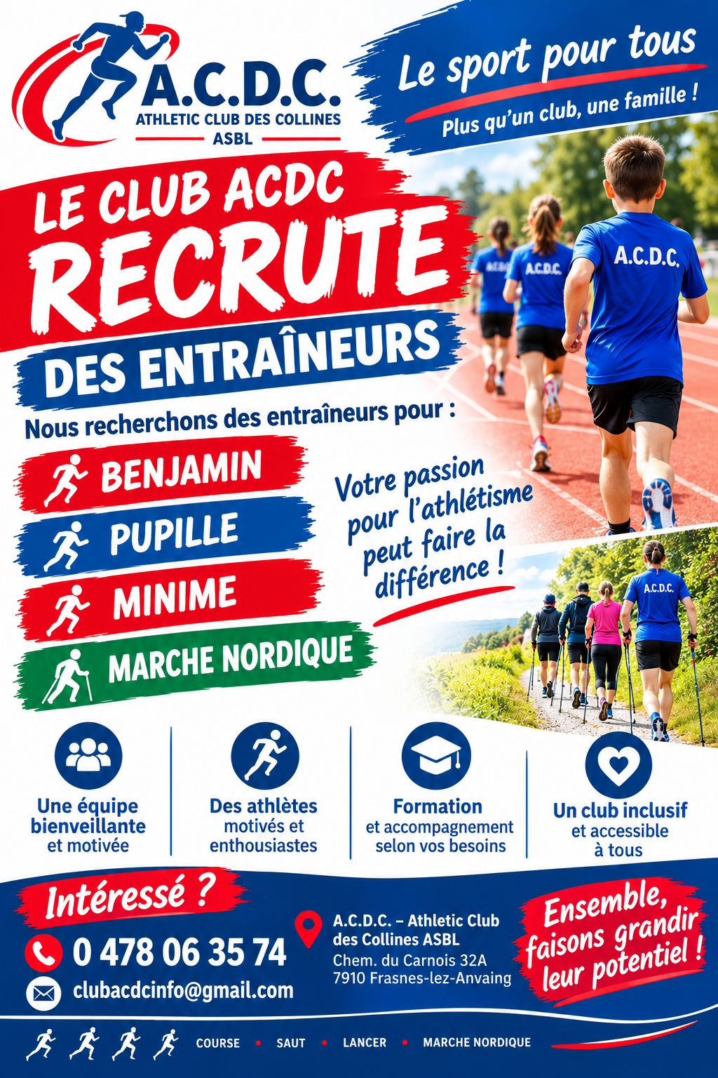 Un entraîneur accompagne des athlètes sur une piste bleue